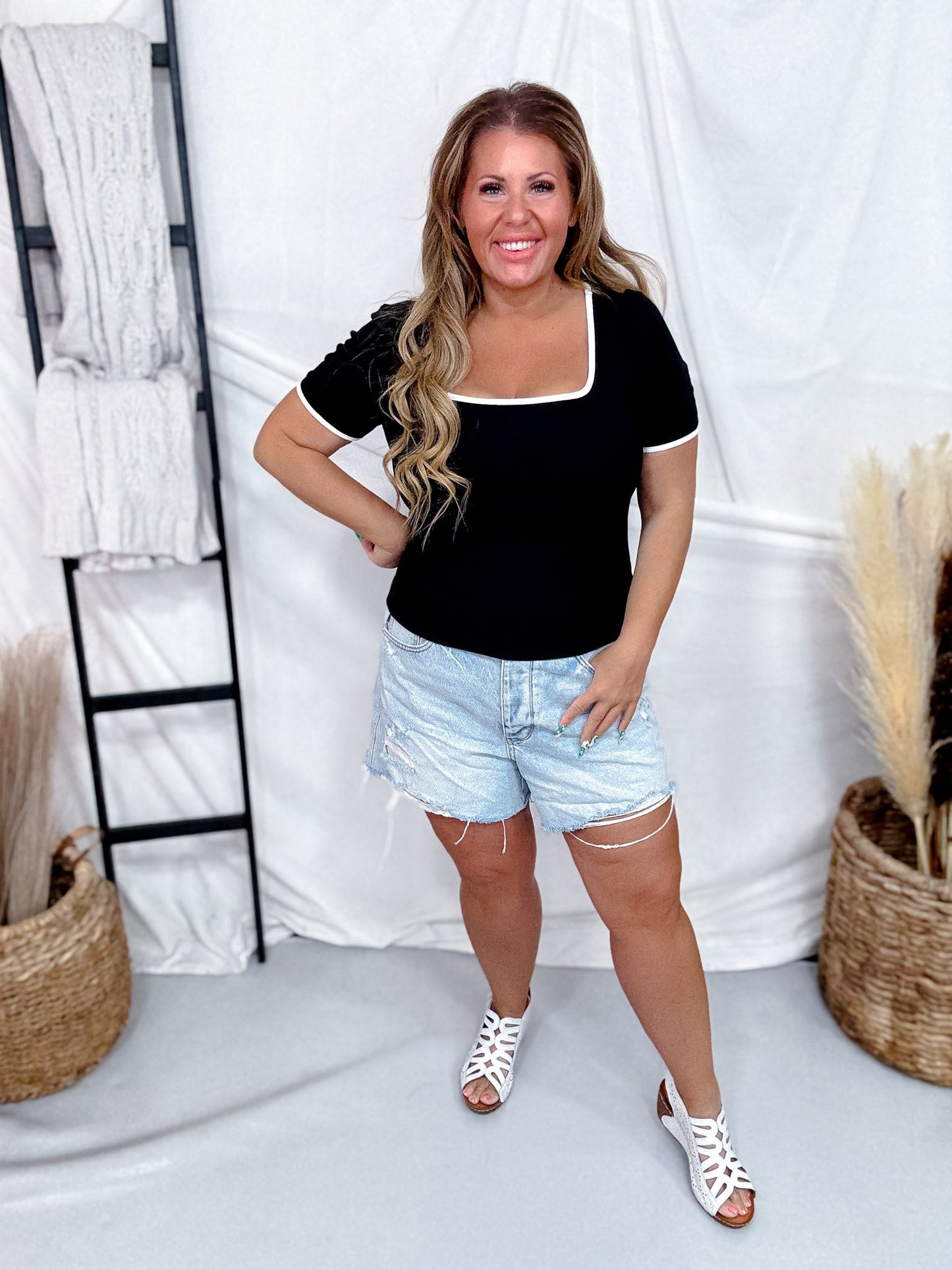 Black Rib Knit Top With Square Neckline - Whiskey Skies - ODDI