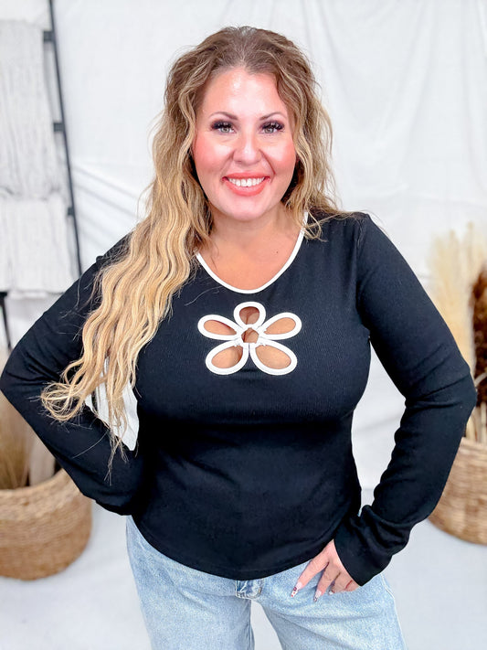 Black Ribbed Jersey Top With Flower Cutout - Whiskey Skies - ODDI