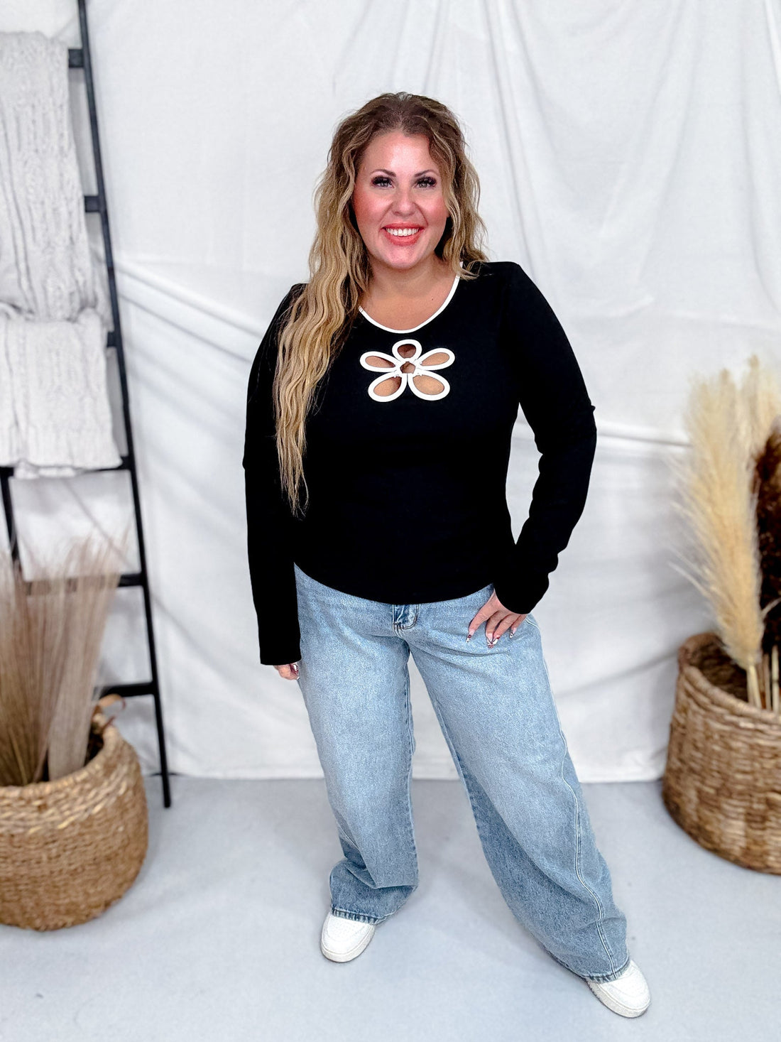 Black Ribbed Jersey Top With Flower Cutout - Whiskey Skies - ODDI