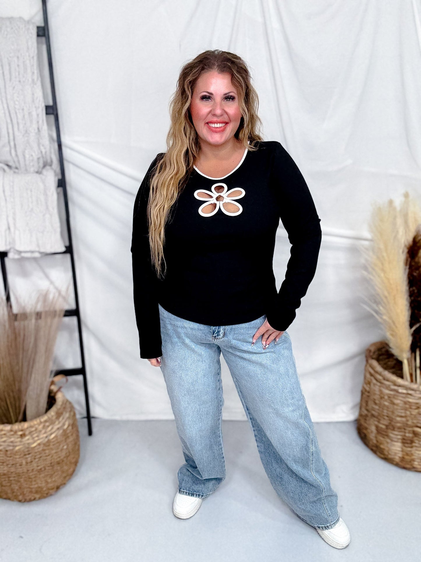 Black Ribbed Jersey Top With Flower Cutout - Whiskey Skies - ODDI