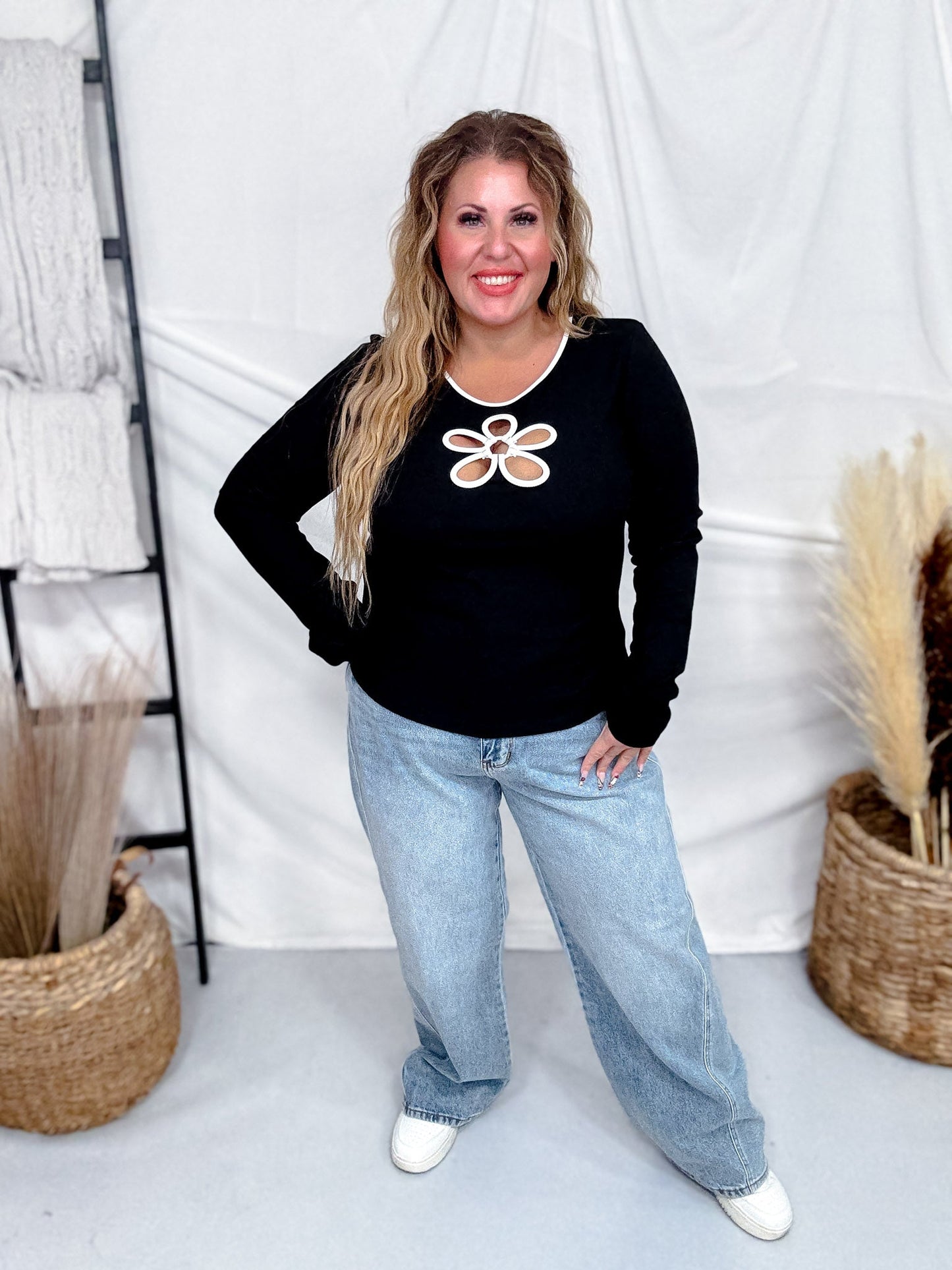 Black Ribbed Jersey Top With Flower Cutout - Whiskey Skies - ODDI