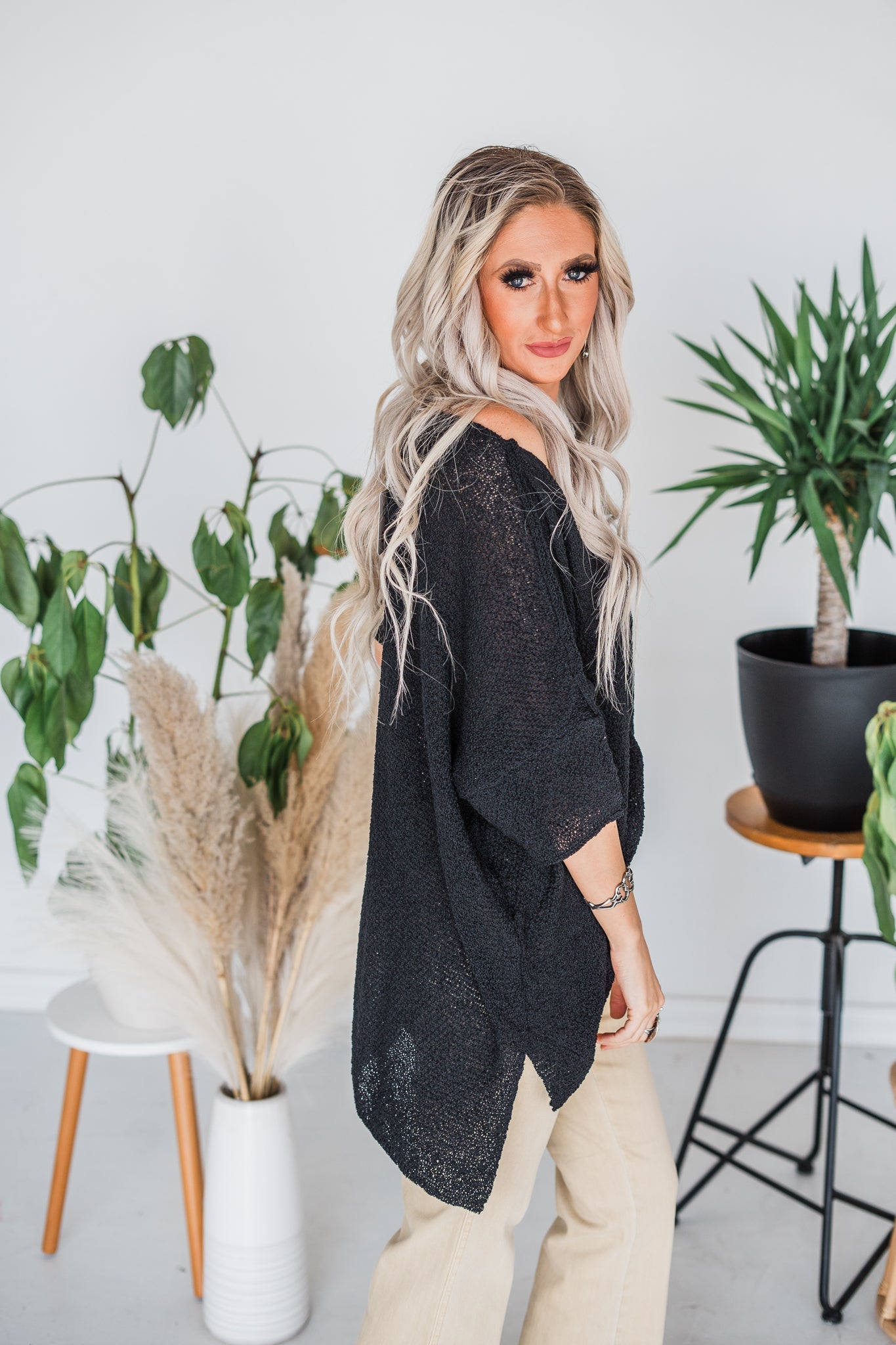 Black Round Neck Midi Sleeve Knit Sweater - Whiskey Skies - DAVI & DANI