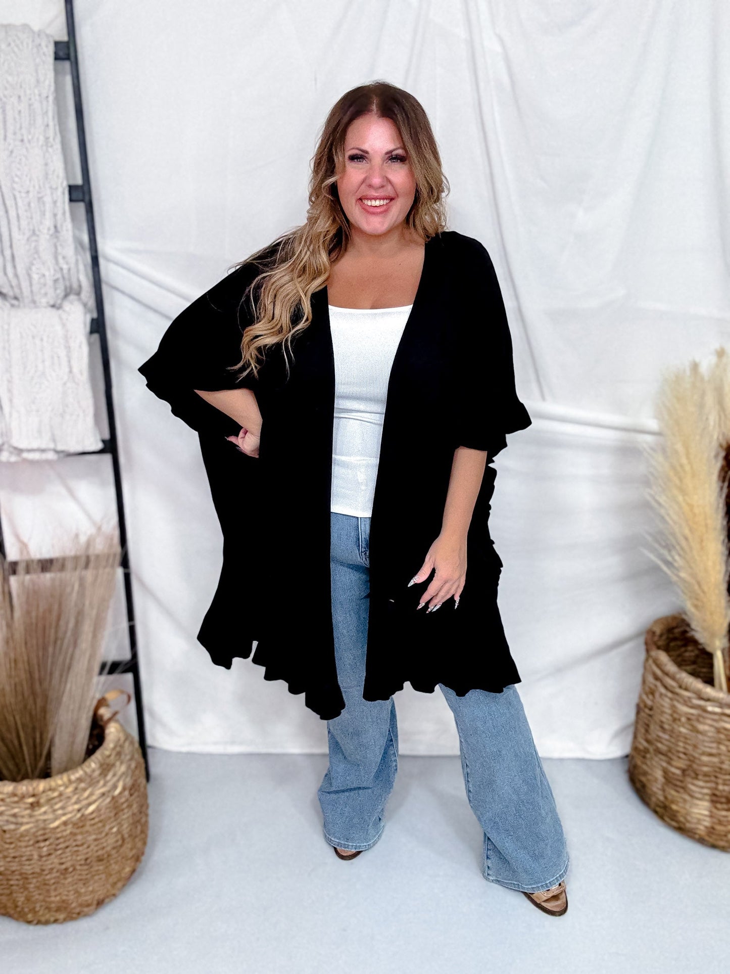 Black Ruffled Hem Open Front Cardigan - Whiskey Skies - EASEL