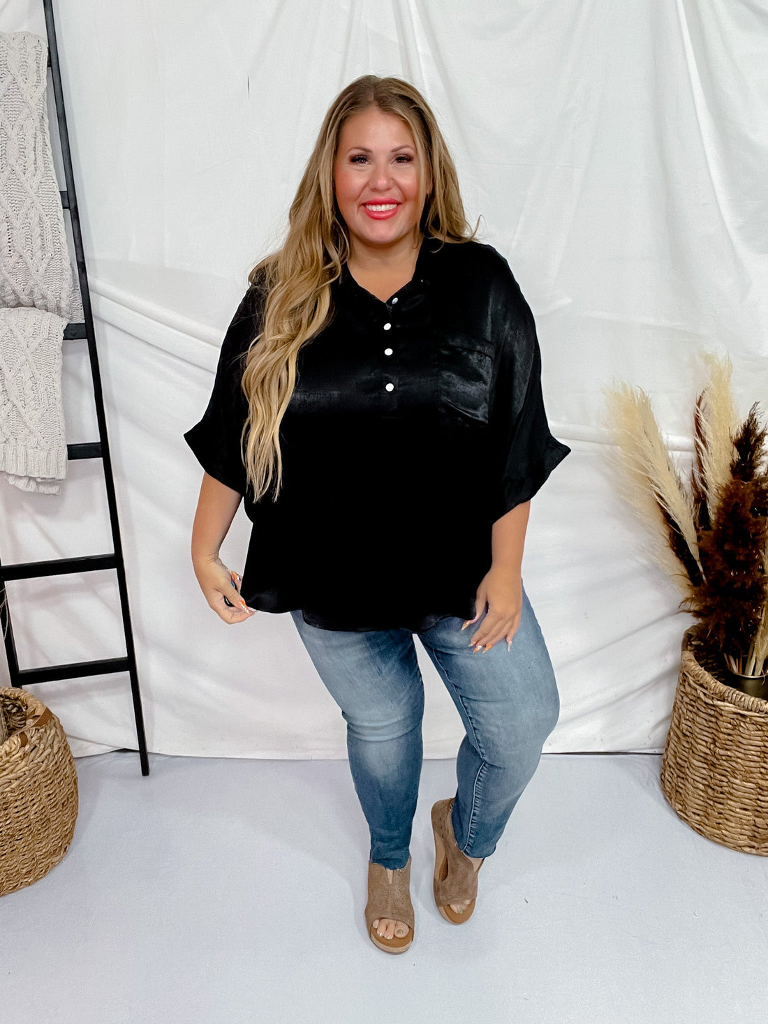Black Satin Feel Oversized Top with Dolman Sleeves - Whiskey Skies - ANDREE BY UNIT