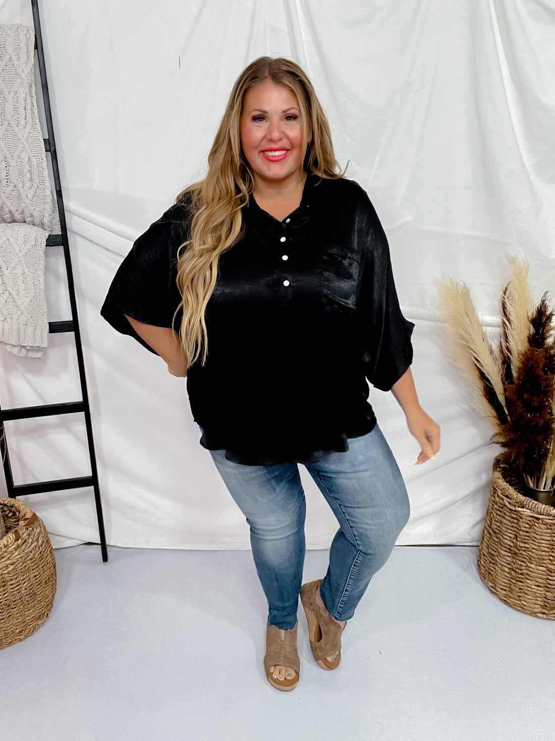 Black Satin Feel Oversized Top with Dolman Sleeves - Whiskey Skies - ANDREE BY UNIT