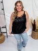 Black Sequin Cami Top with Eyelash Lace Detailing - Whiskey Skies - WHITE BIRCH