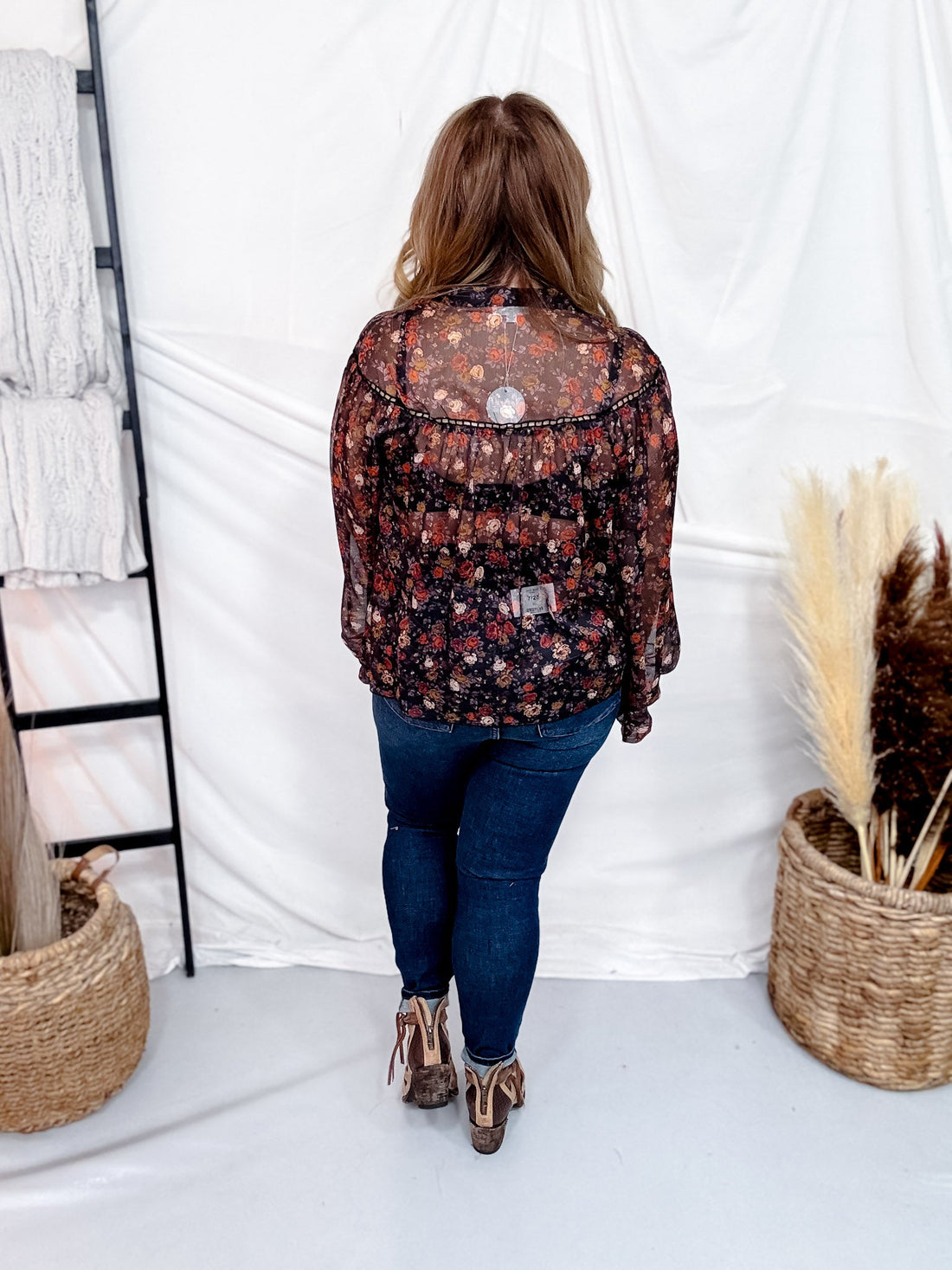 Black Sheer Balloon Sleeve Top With Rust & Purple Floral Print - Whiskey Skies - ODDI