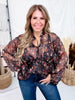 Black Sheer Balloon Sleeve Top With Rust & Purple Floral Print - Whiskey Skies - ODDI