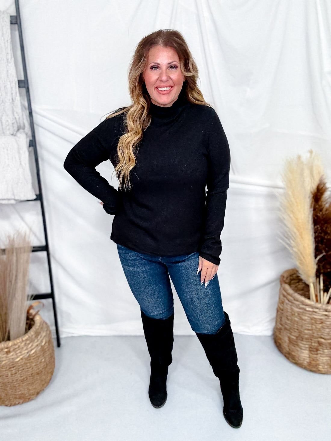 Black Shimmer Mock Neck Sweater With Long Sleeves - Whiskey Skies - ENTRO