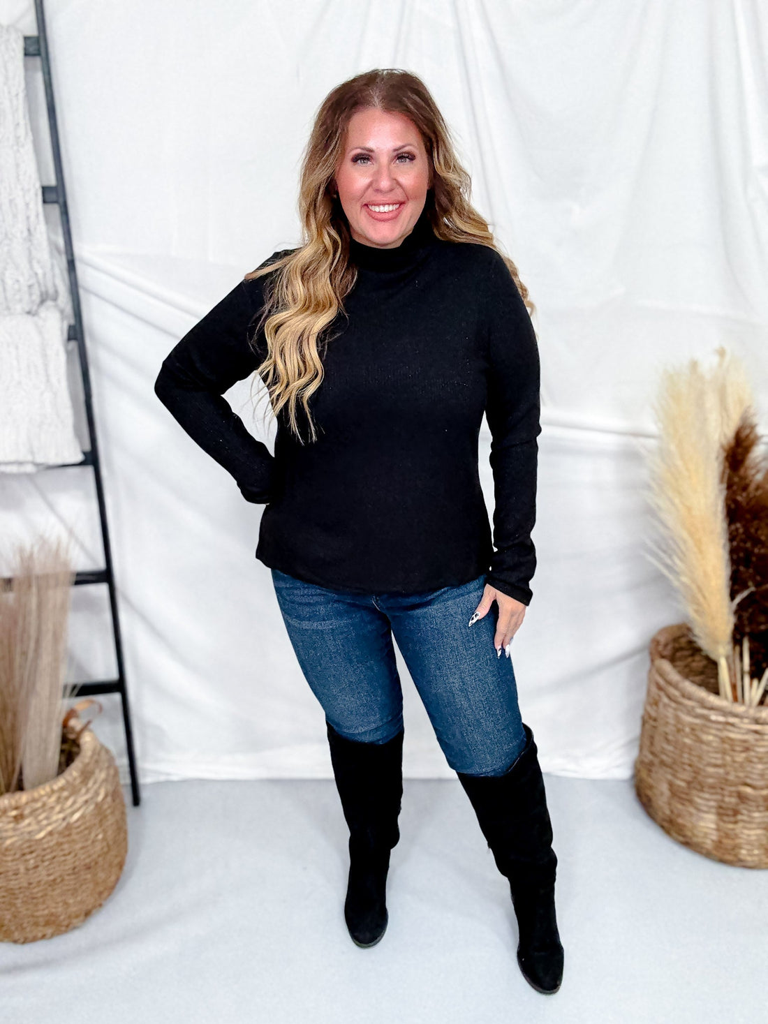 Black Shimmer Mock Neck Sweater With Long Sleeves - Whiskey Skies - ENTRO