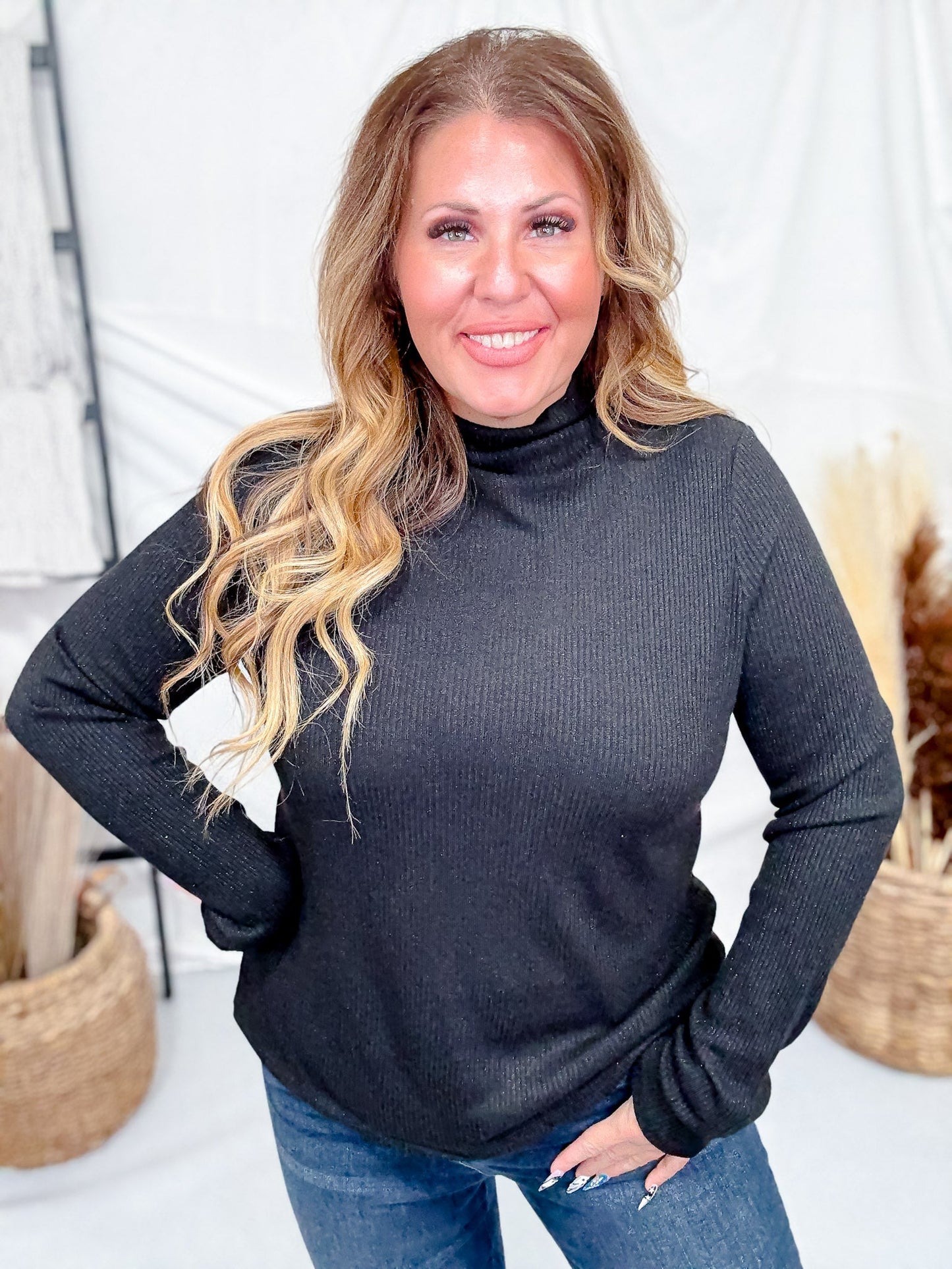 Black Shimmer Mock Neck Sweater With Long Sleeves - Whiskey Skies - ENTRO