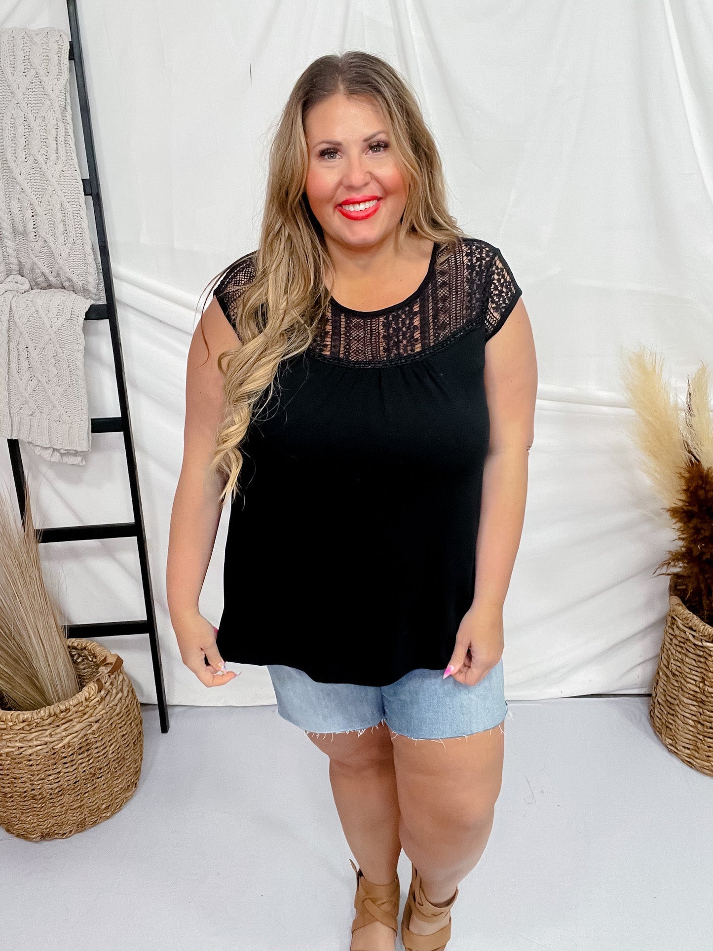 Black Short Sleeve Crochet Yolk Top - Whiskey Skies - WHITE BIRCH