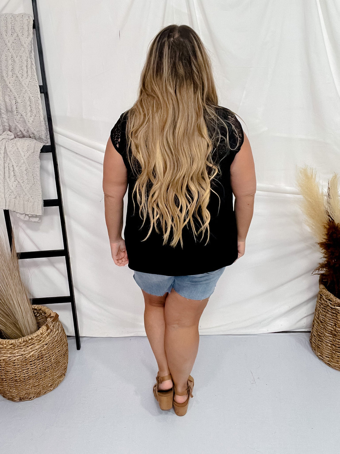 Black Short Sleeve Crochet Yolk Top - Whiskey Skies - WHITE BIRCH