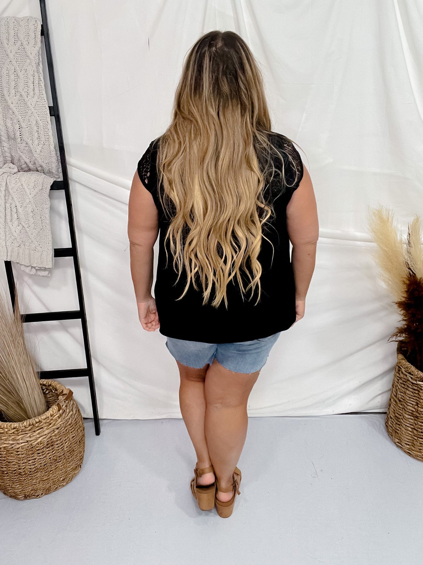 Black Short Sleeve Crochet Yolk Top - Whiskey Skies - WHITE BIRCH