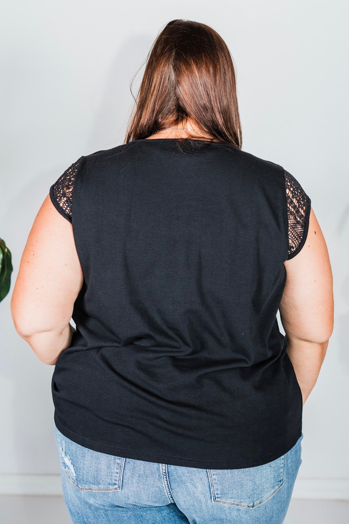 Black Short Sleeve Crochet Yolk Top - Whiskey Skies - WHITE BIRCH