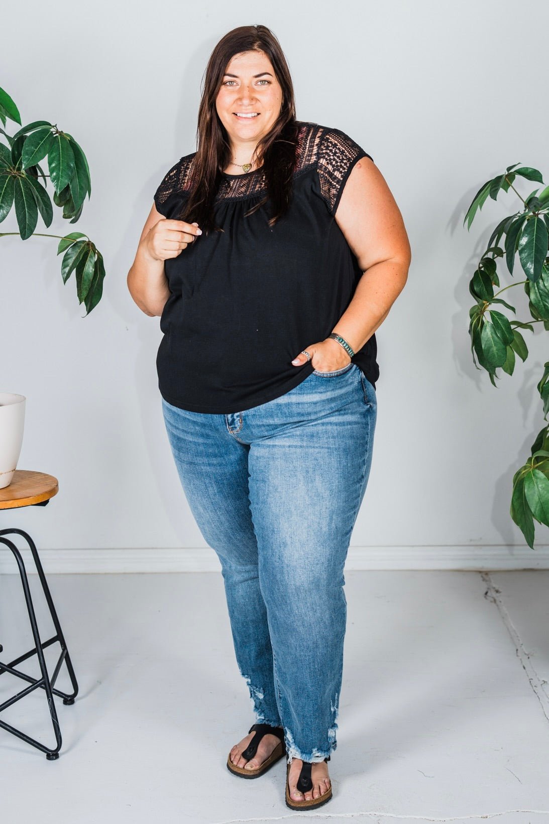 Black Short Sleeve Crochet Yolk Top - Whiskey Skies - WHITE BIRCH
