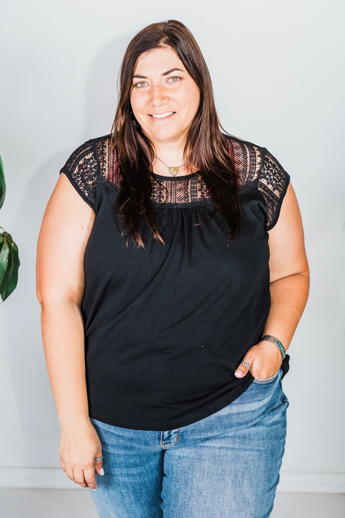 Black Short Sleeve Crochet Yolk Top - Whiskey Skies - WHITE BIRCH