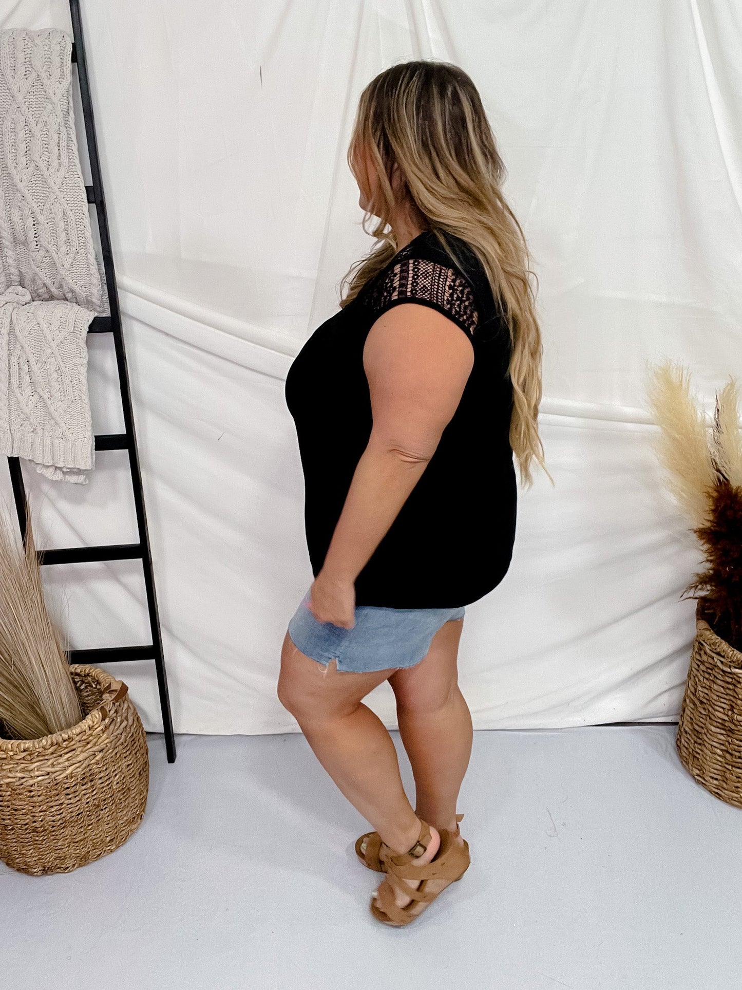 Black Short Sleeve Crochet Yolk Top - Whiskey Skies - WHITE BIRCH