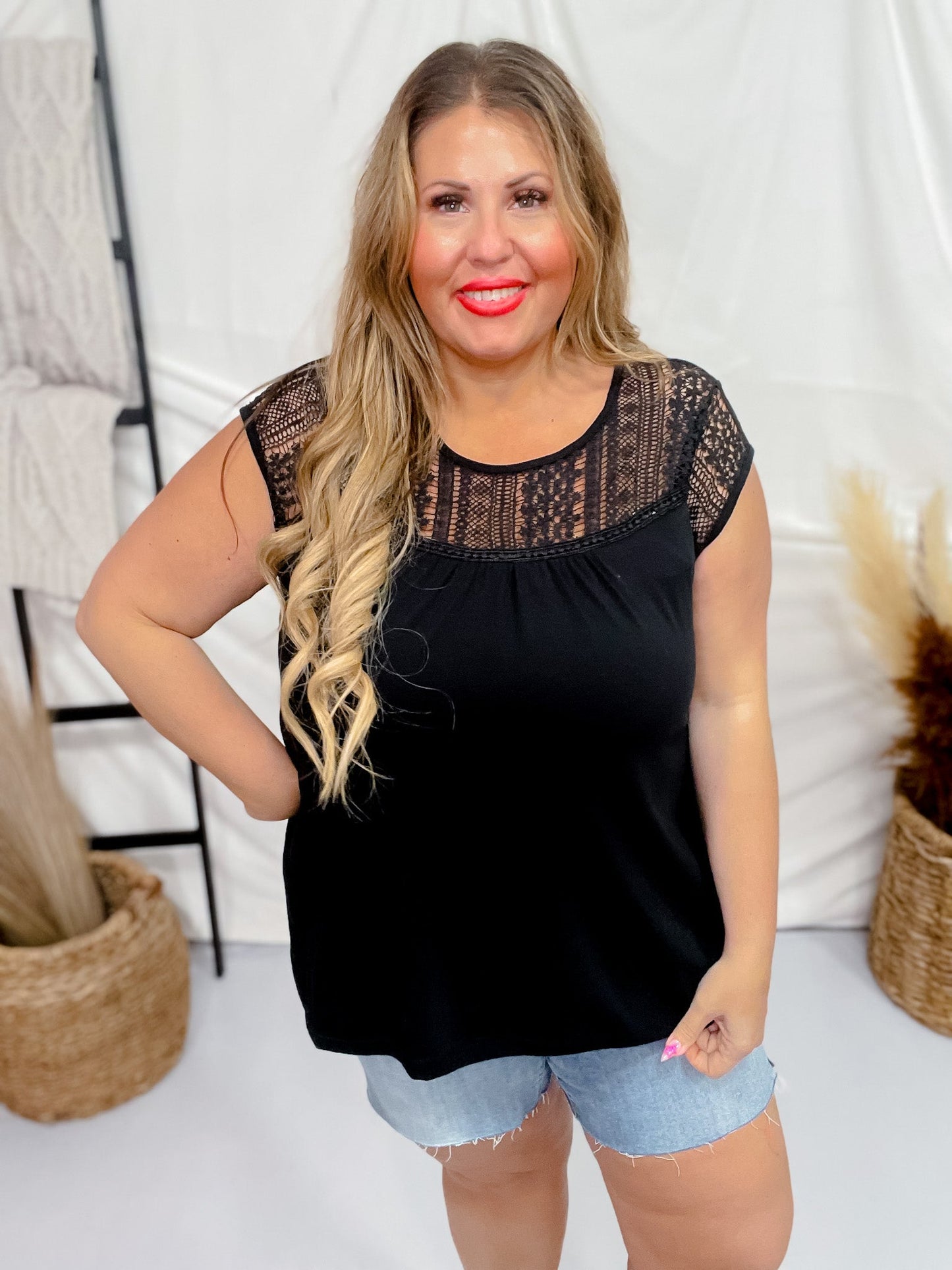 Black Short Sleeve Crochet Yolk Top - Whiskey Skies - WHITE BIRCH