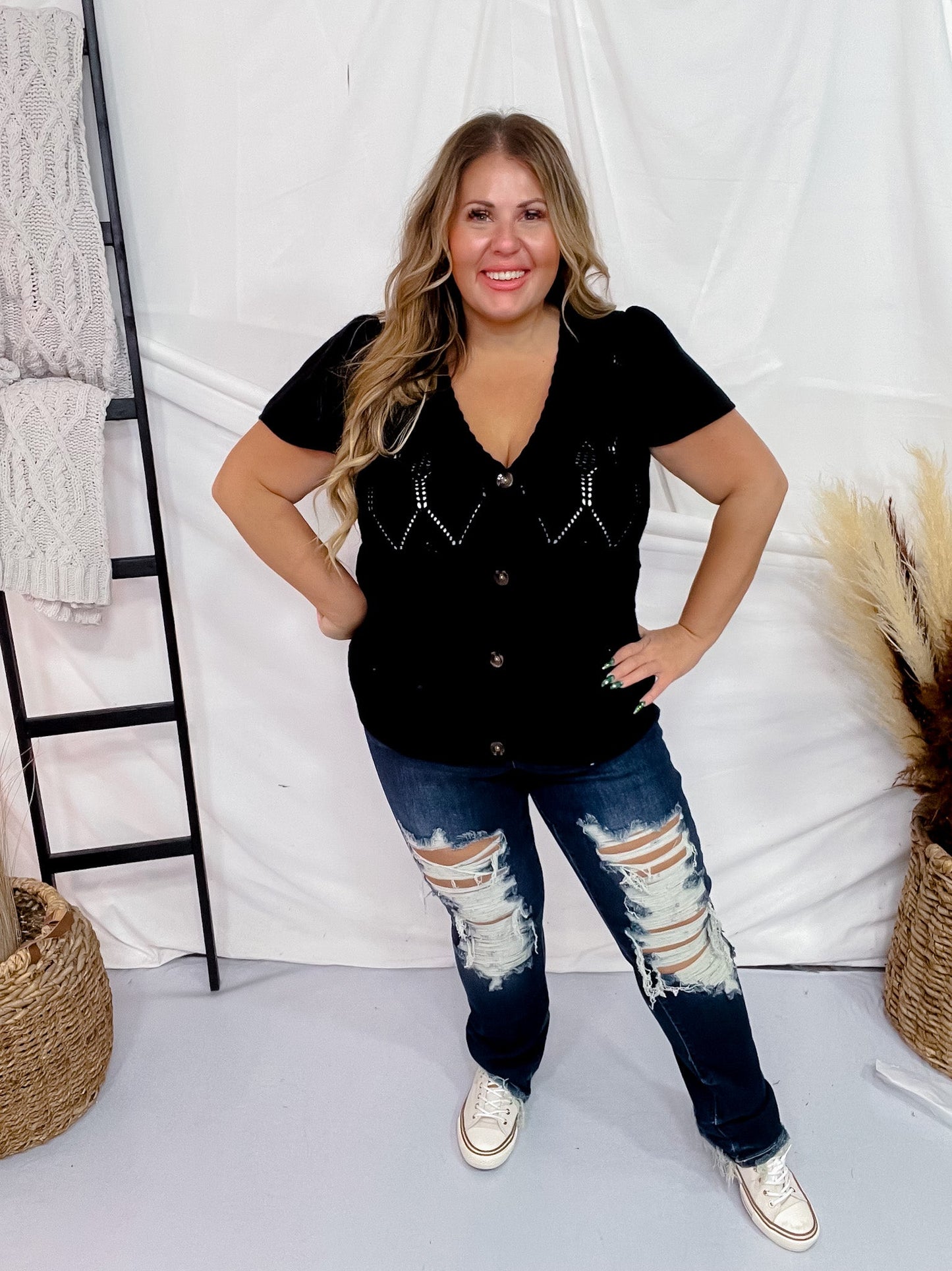 Black Short Sleeve Knit Cardigan - Whiskey Skies - ANDREE BY UNIT