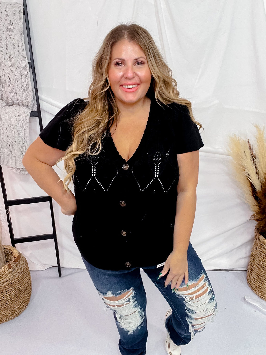 Black Short Sleeve Knit Cardigan - Whiskey Skies - ANDREE BY UNIT