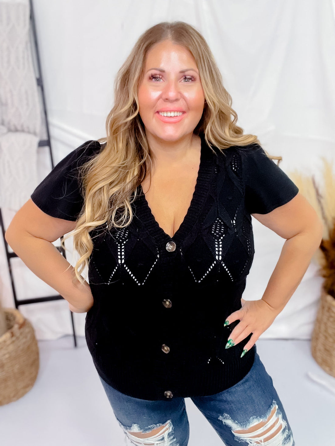 Black Short Sleeve Knit Cardigan - Whiskey Skies - ANDREE BY UNIT