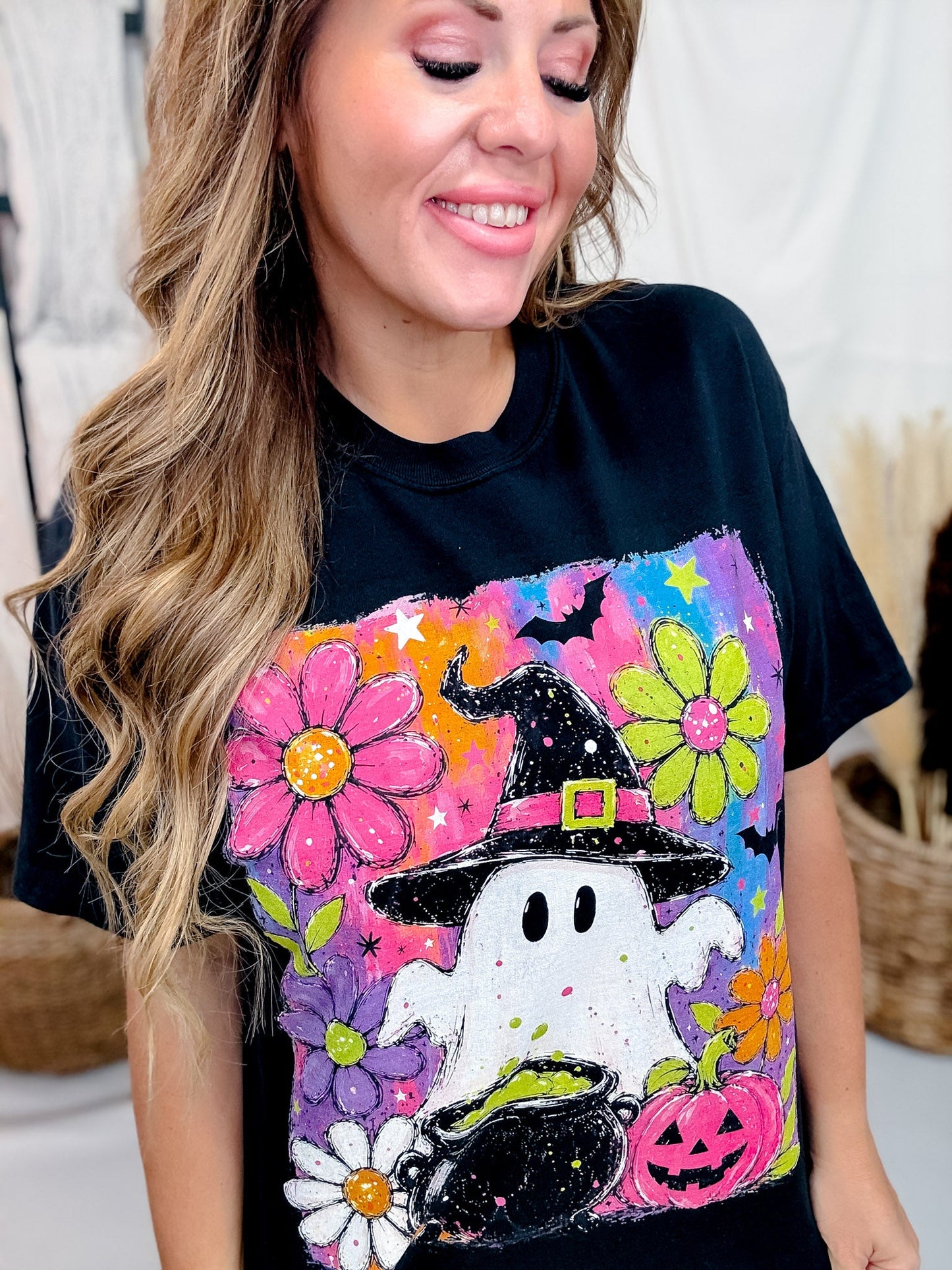 Black Short Sleeve Neon Witch Ghost Graphic Tee - Whiskey Skies - GLAIME
