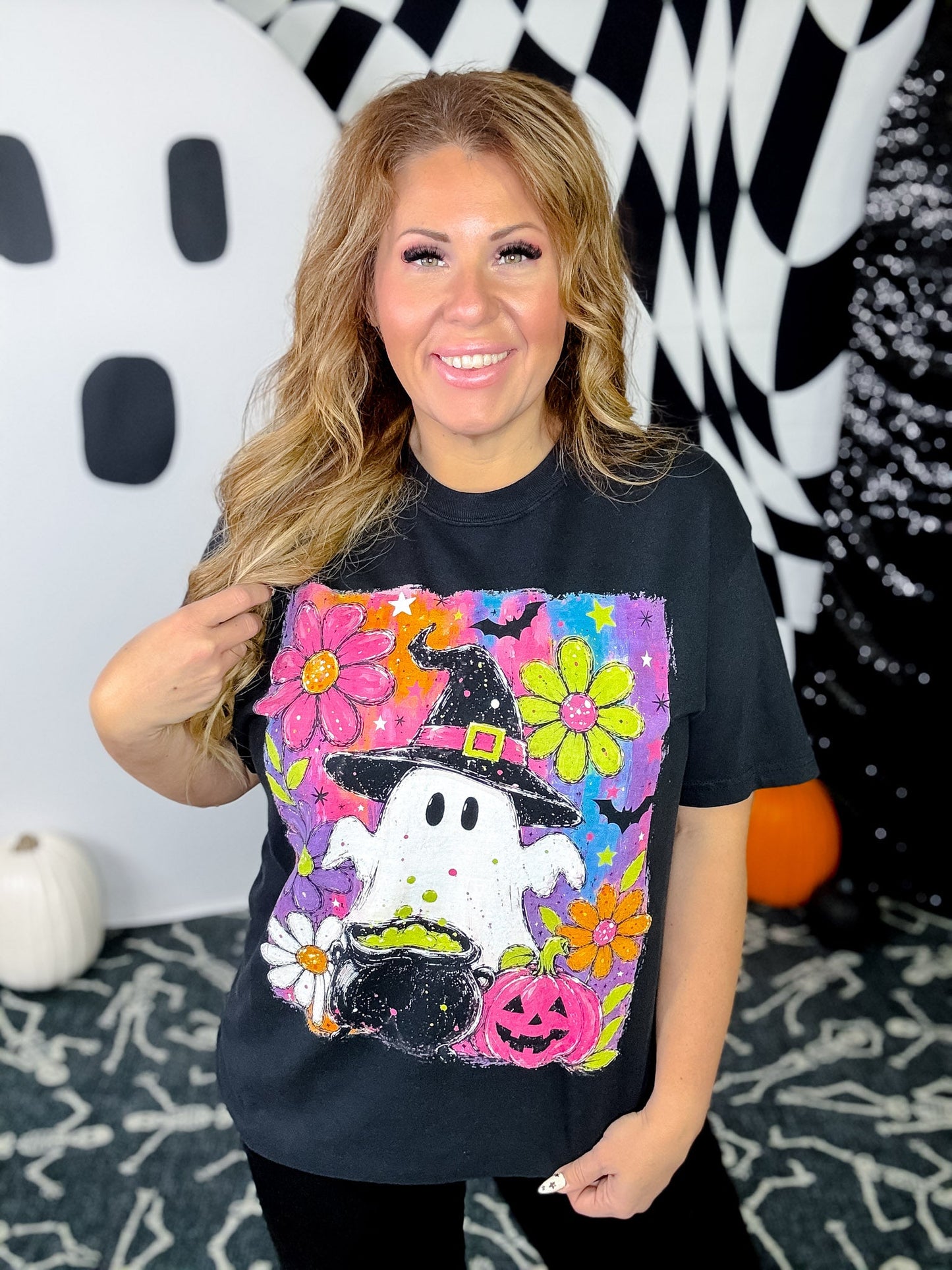 Black Short Sleeve Neon Witch Ghost Graphic Tee - Whiskey Skies - GLAIME