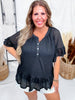 Black Short Sleeve V - Neck Top W/ Ruffle Sleeves - Whiskey Skies - SEW IN LOVE