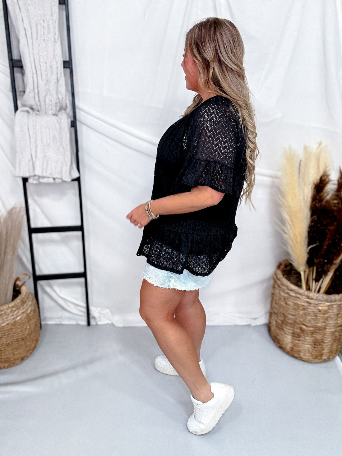 Black Short Sleeve V - Neck Top W/ Ruffle Sleeves - Whiskey Skies - SEW IN LOVE