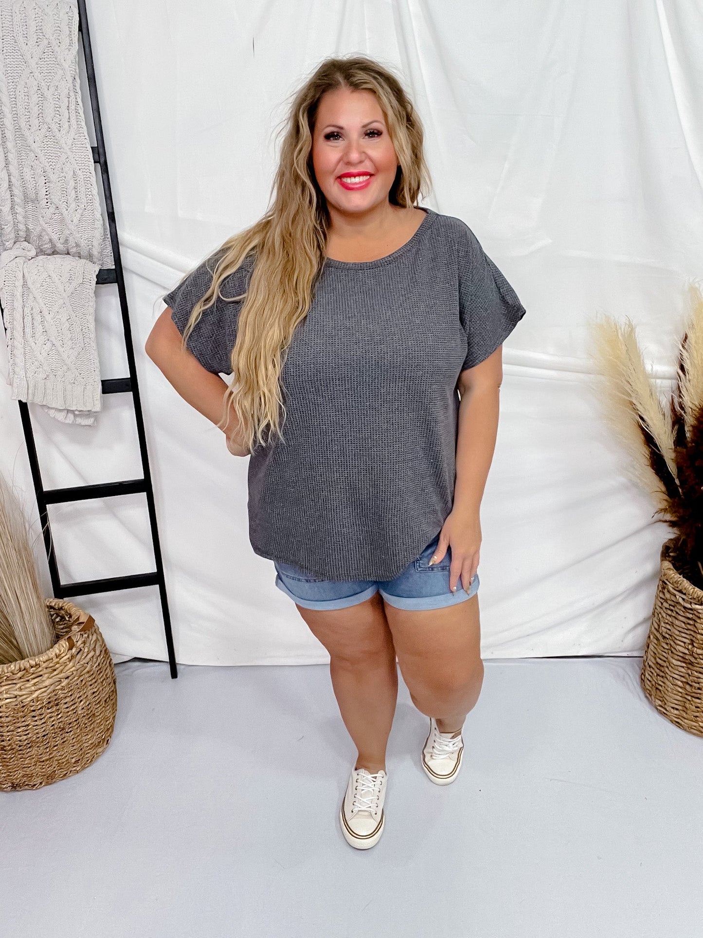 Black Short Sleeve Waffle Tunic Top - Whiskey Skies - ANDREE BY UNIT