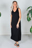 Black Sleeveless Essential V - Neck Ribbed Maxi Dress - Whiskey Skies - BLUMIN