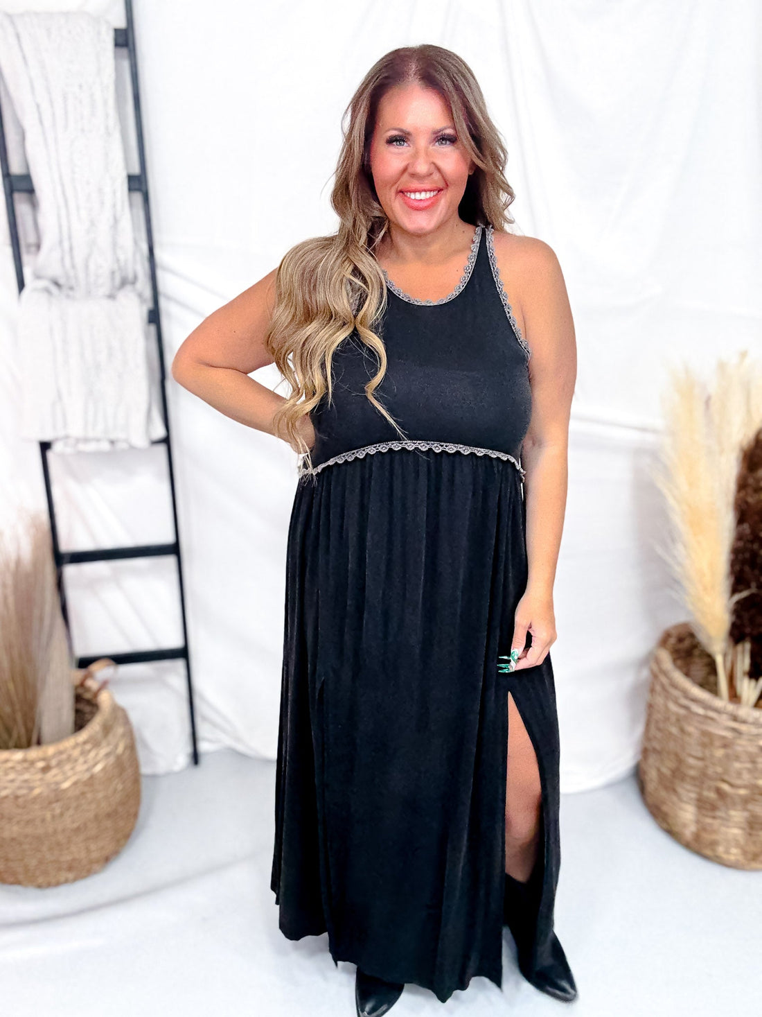 Black Sleeveless Racerback Maxi Dress With Embroidered Hems - Whiskey Skies - POL CLOTHING INC.