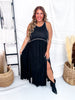 Black Sleeveless Racerback Maxi Dress With Embroidered Hems - Whiskey Skies - POL CLOTHING INC.