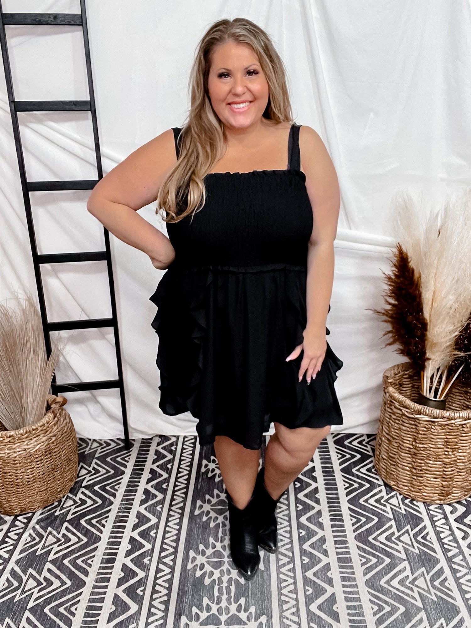 Black Smocked Ruffle Bottom Dress - Whiskey Skies Black Smocked Ruffle Bottom Dress - Whiskey Skies