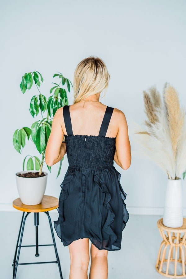 Black Smocked Ruffle Bottom Dress - Whiskey Skies Black Smocked Ruffle Bottom Dress - Whiskey Skies
