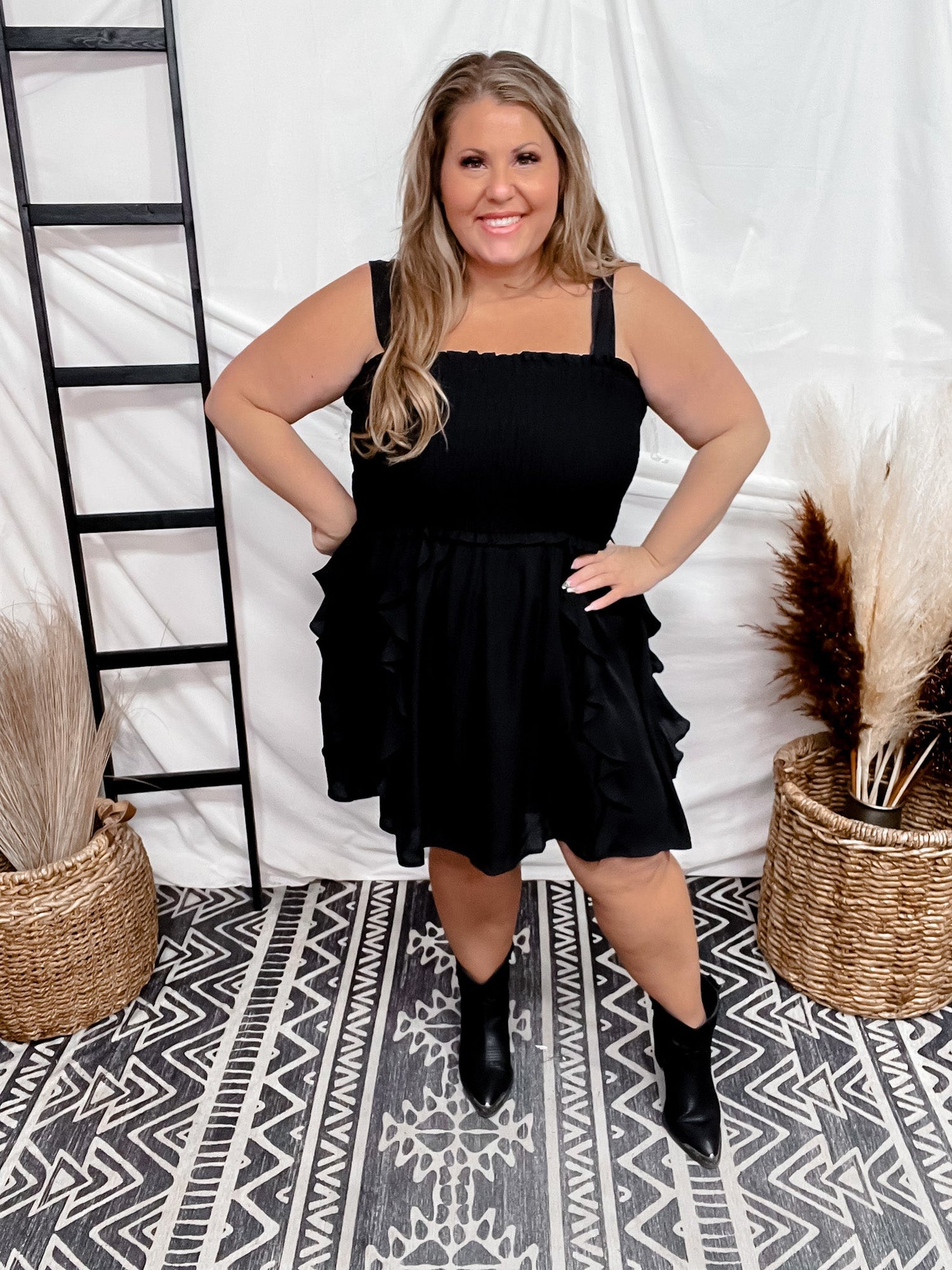Black Smocked Ruffle Bottom Dress - Whiskey Skies Black Smocked Ruffle Bottom Dress - Whiskey Skies