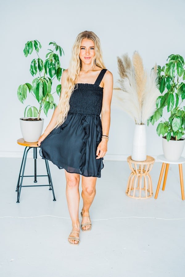 Black Smocked Ruffle Bottom Dress - Whiskey Skies Black Smocked Ruffle Bottom Dress - Whiskey Skies