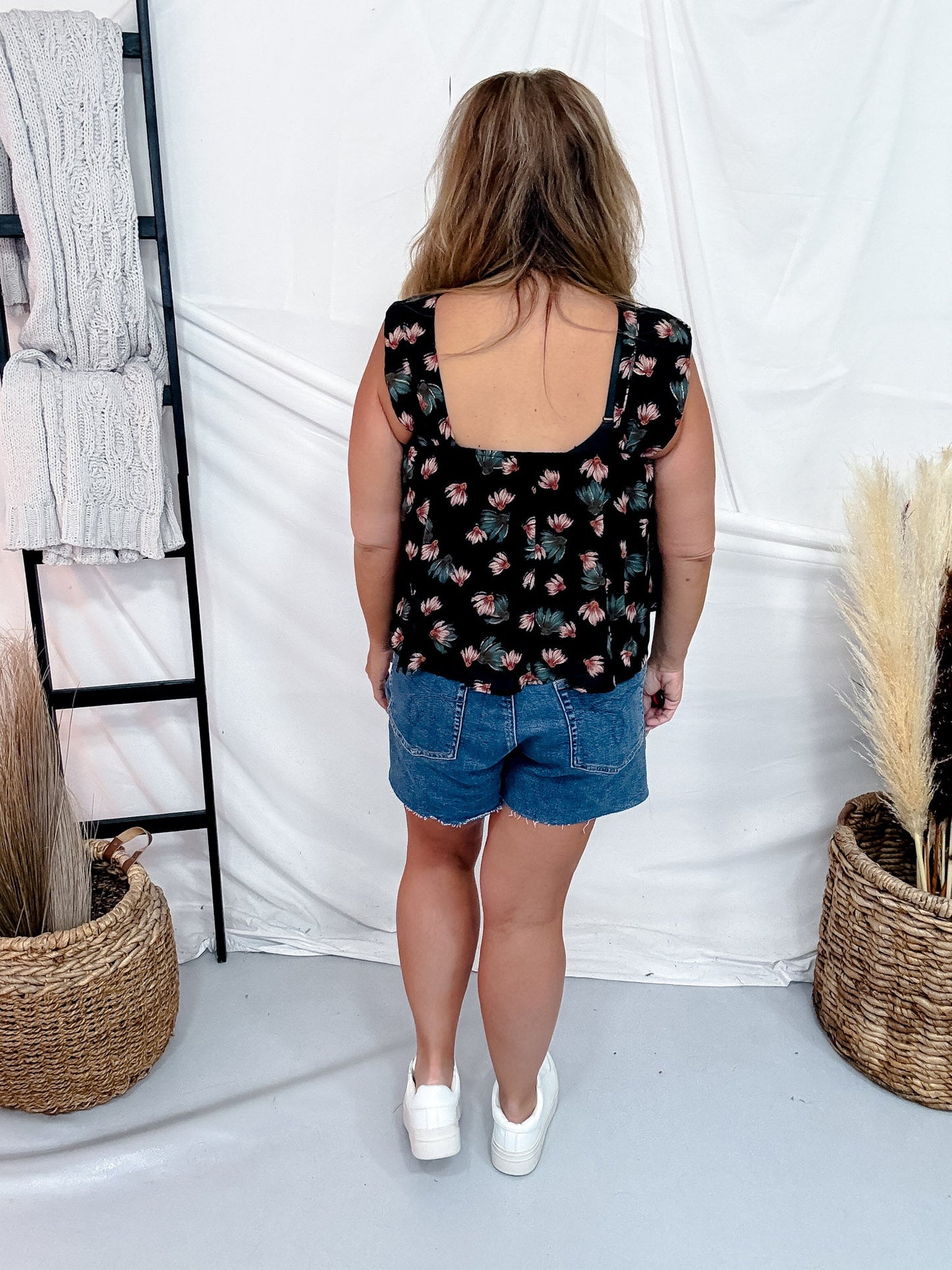 Black Square Neck Top With Watercolor Floral Print - Whiskey Skies - POLAGRAM + BAEVELY