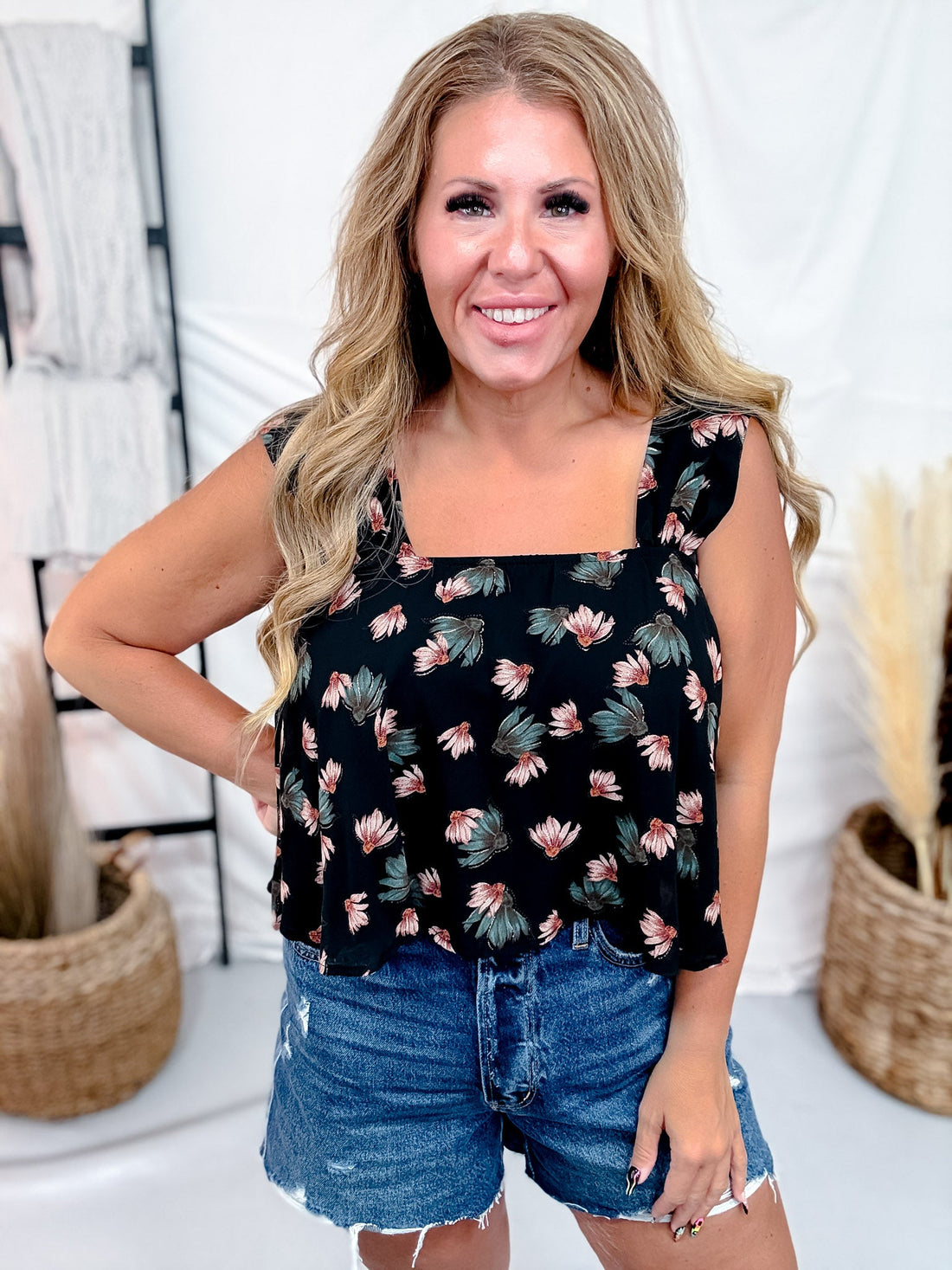 Black Square Neck Top With Watercolor Floral Print - Whiskey Skies - POLAGRAM + BAEVELY