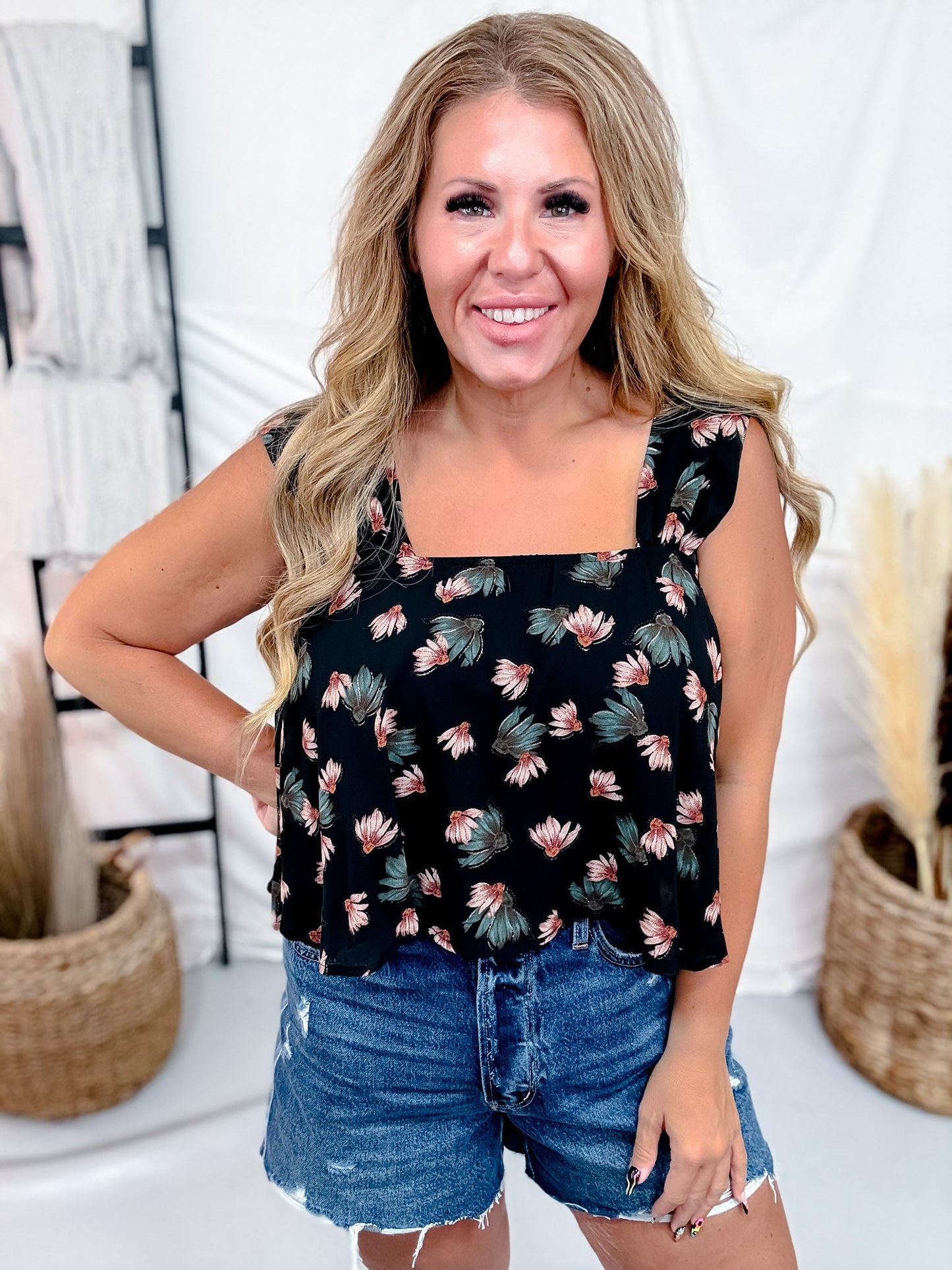 Black Square Neck Top With Watercolor Floral Print - Whiskey Skies - POLAGRAM + BAEVELY