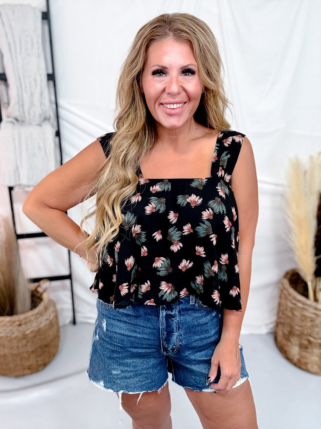Black Square Neck Top With Watercolor Floral Print - Whiskey Skies - POLAGRAM + BAEVELY