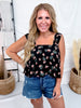 Black Square Neck Top With Watercolor Floral Print - Whiskey Skies - POLAGRAM + BAEVELY