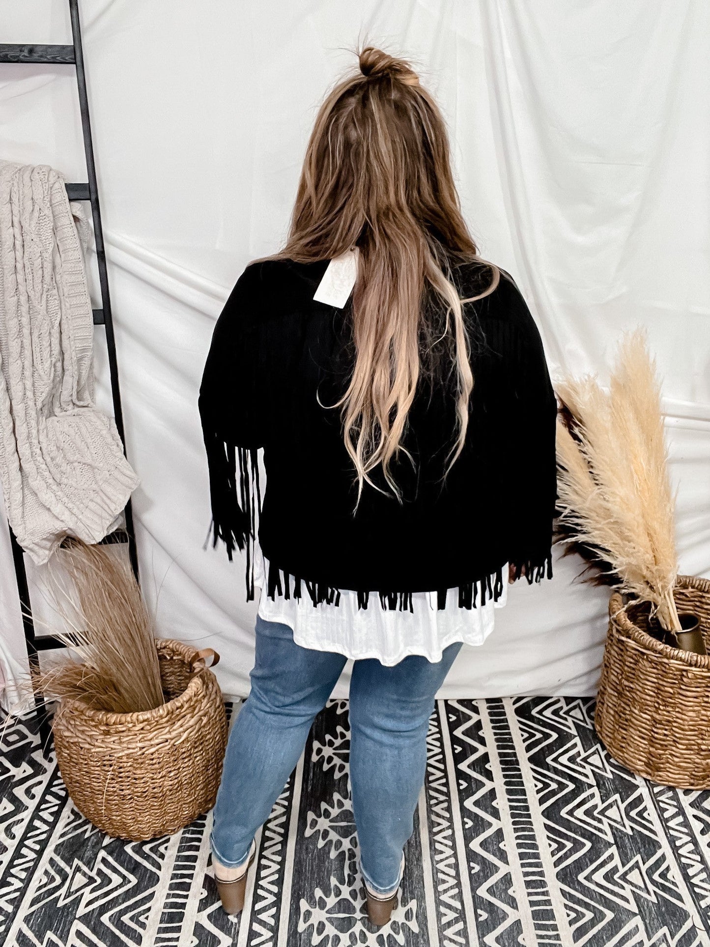 Black Suede Jacket W/ Fringe Detail - Whiskey Skies - ANDREE BY UNIT