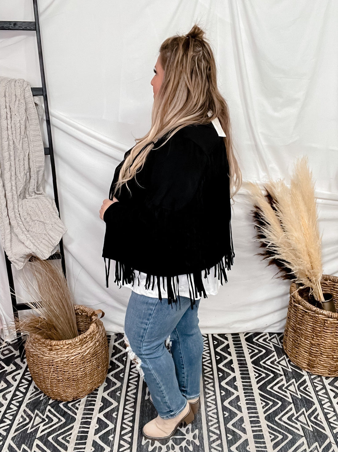 Black Suede Jacket W/ Fringe Detail - Whiskey Skies - ANDREE BY UNIT