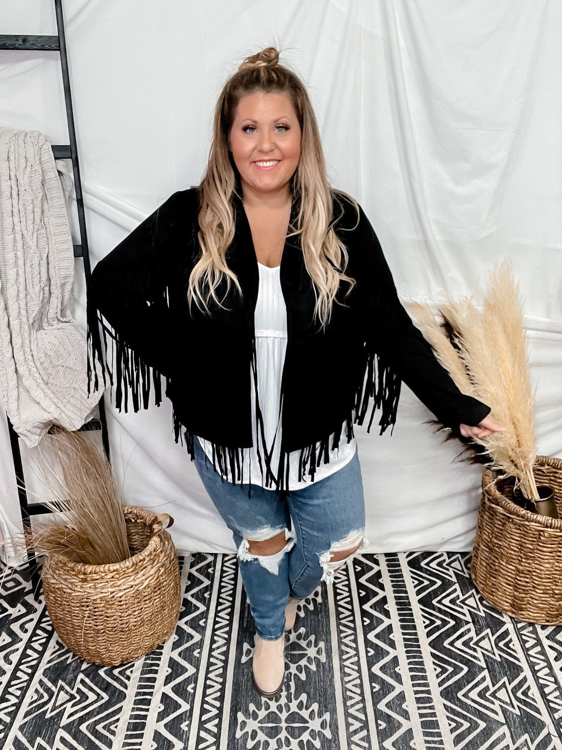 Black Suede Jacket W/ Fringe Detail - Whiskey Skies - ANDREE BY UNIT