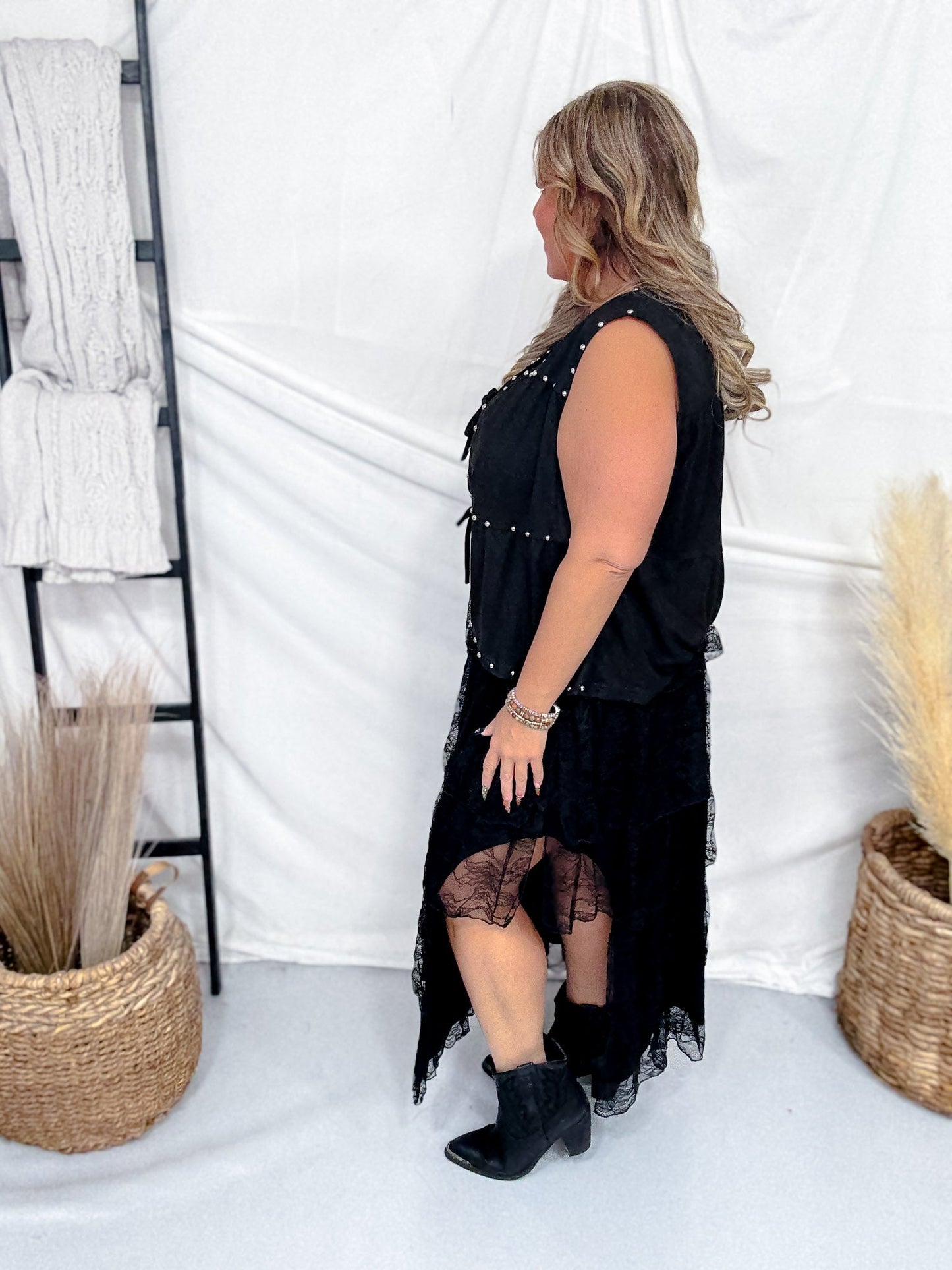 Black Suede Tie Front Vest With Studs - Whiskey Skies - POLAGRAM + BAEVELY