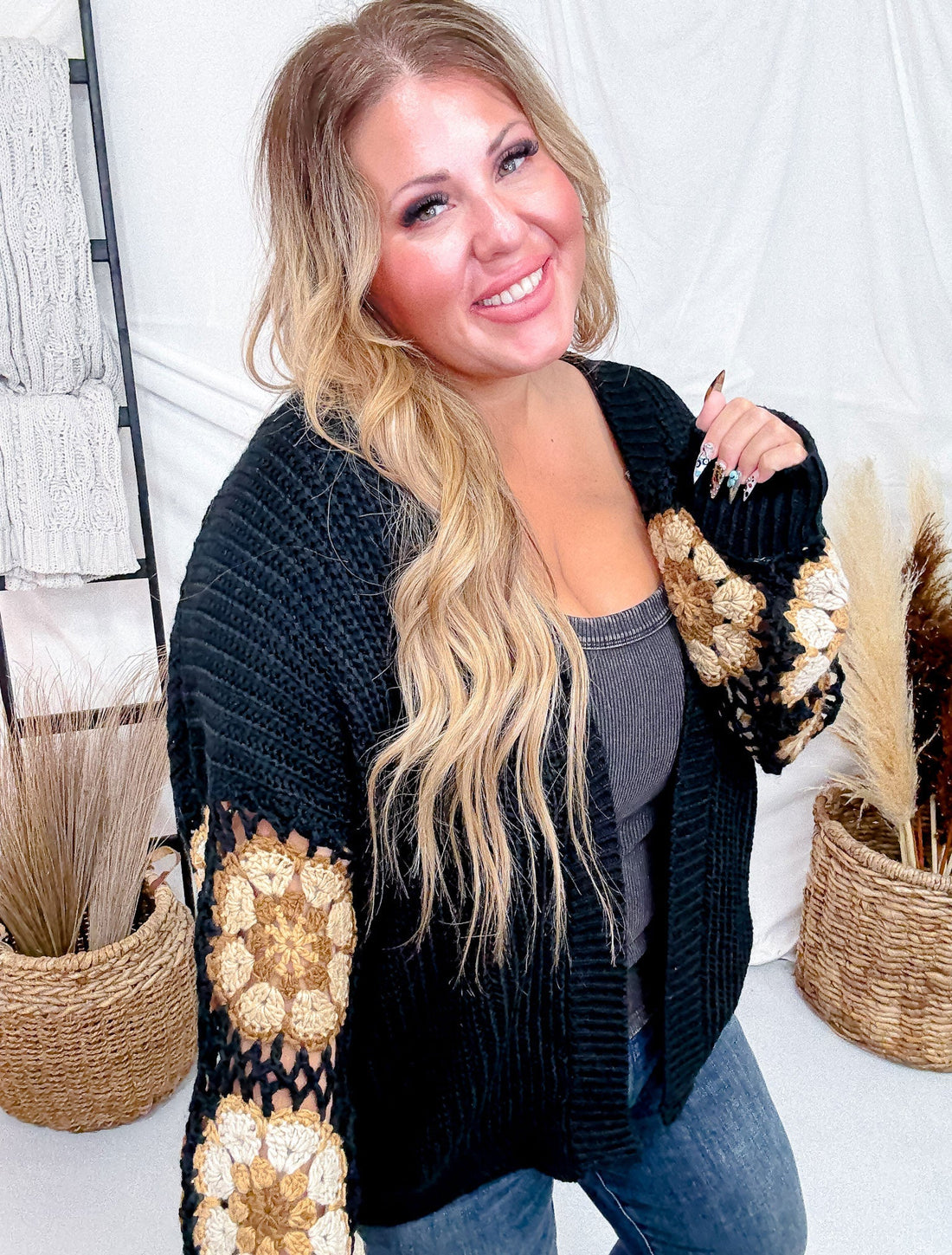 Black Sweater Cardigan With Brown Crochet Puff Sleeves - Whiskey Skies - ADORA