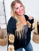 Black Sweater Cardigan With Brown Crochet Puff Sleeves - Whiskey Skies - ADORA
