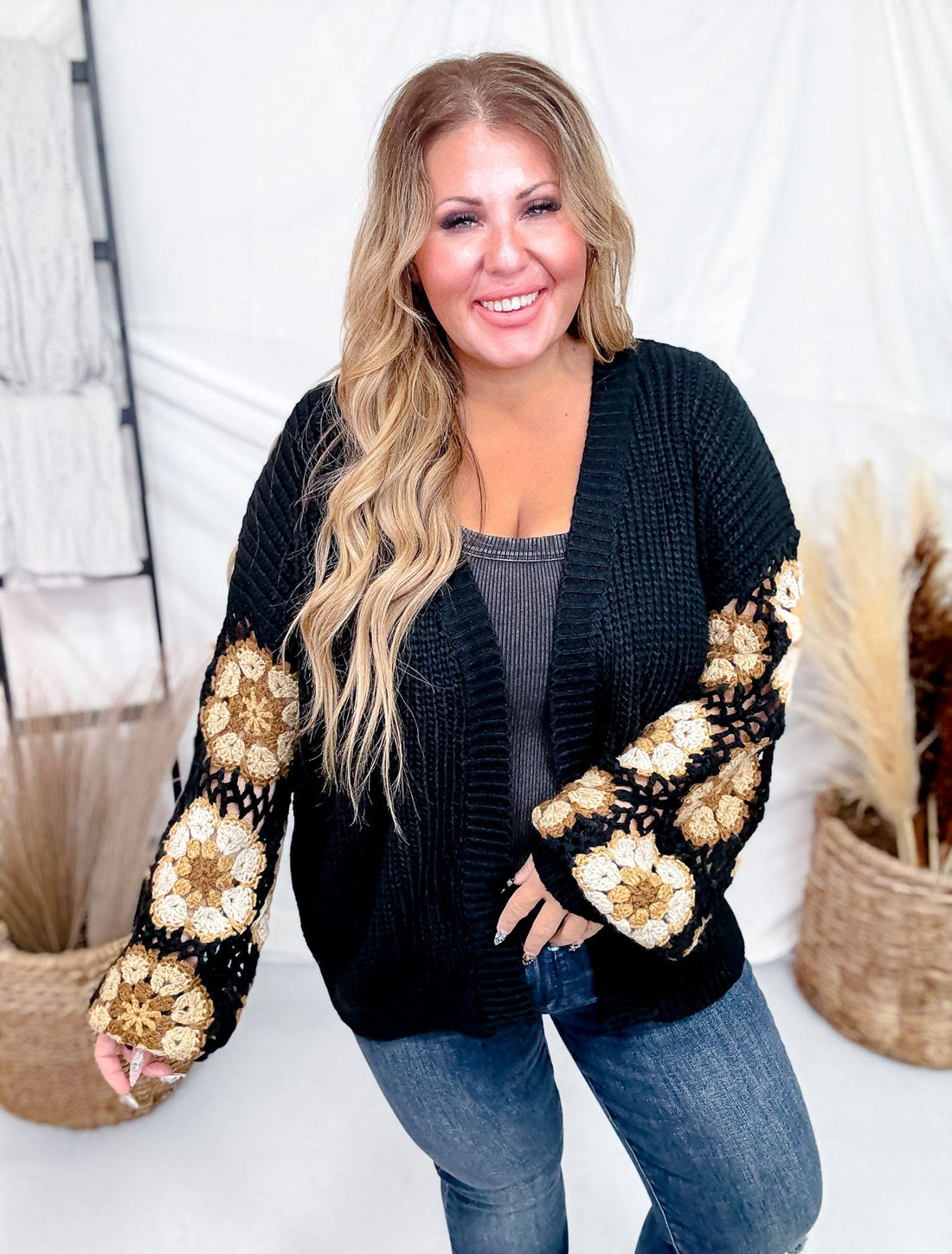 Black Sweater Cardigan With Brown Crochet Puff Sleeves - Whiskey Skies - ADORA